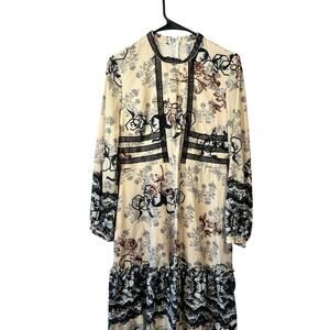 Aizhe long sleeve lace floral black tan dress women's size large